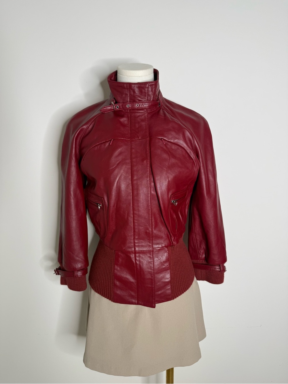 bebe Deep Red Leather Zip-Front Jacket with Ribbed Waist